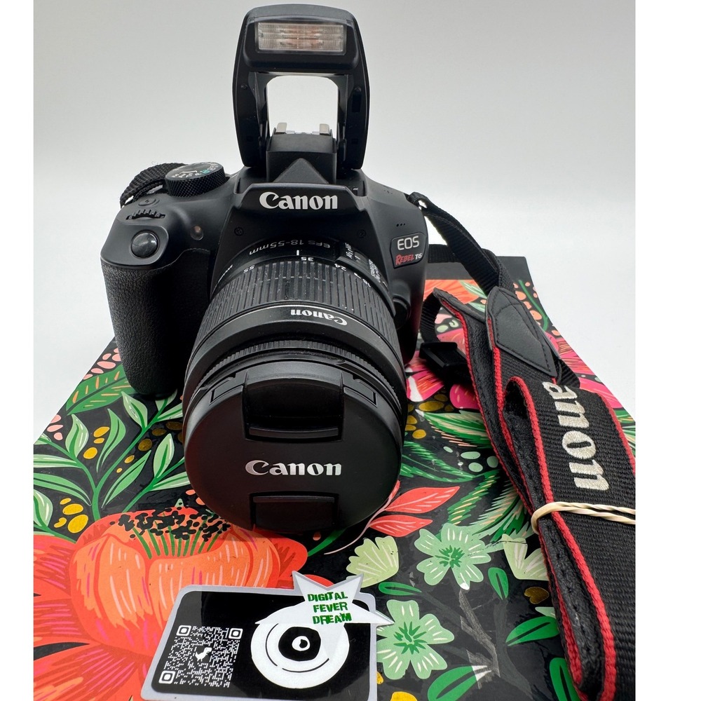 Canon EOS Rebel T6 DSLR Camera EF-S 18-55mm IS II Lens Strap Charger SD Card